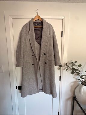 Zara Light Grey Double-Breasted Long Wool-Blend Coat